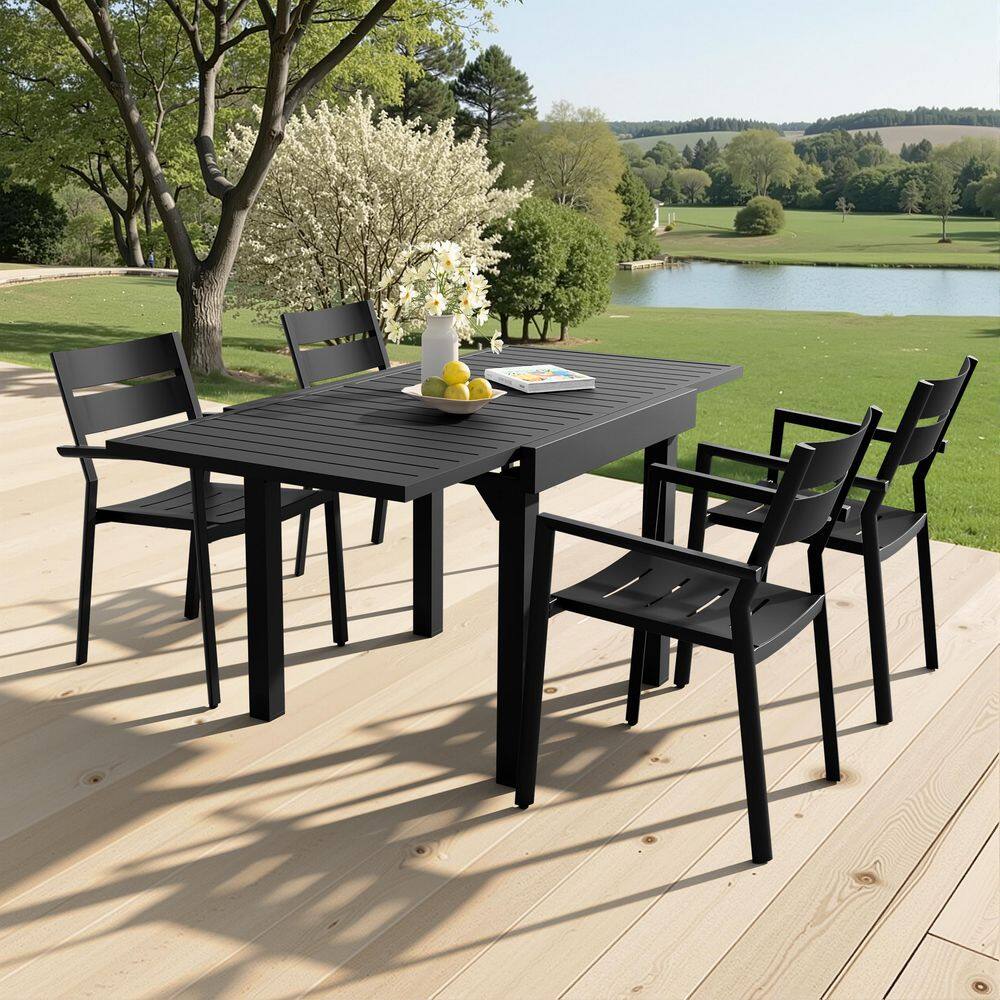5-Piece Black Outdoor Dining Set Aluminum Extendable Dining Table and Chairs with Armrests Patio Dining Set for Garden