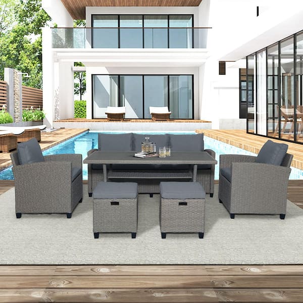 Wateday Gray 6-Piece Wicker Outdoor Patio Conversation Seating Set with Gray Cushions