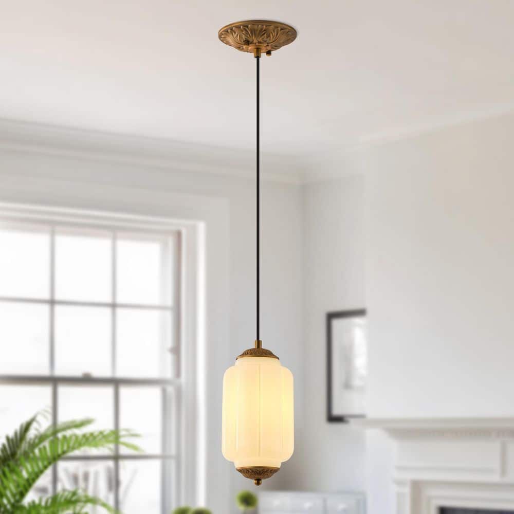 1-Light 5.51 in. Antique Brass Vintage Mini Pendant Light with White Ribbed Glass Shade price history on PriceWatchPro