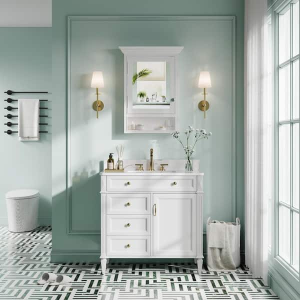 24 in. W x 32 in. H Assembled Surface-Mount Solid Wood Bath Medicine Cabinet with Mirror in White, Rectangular