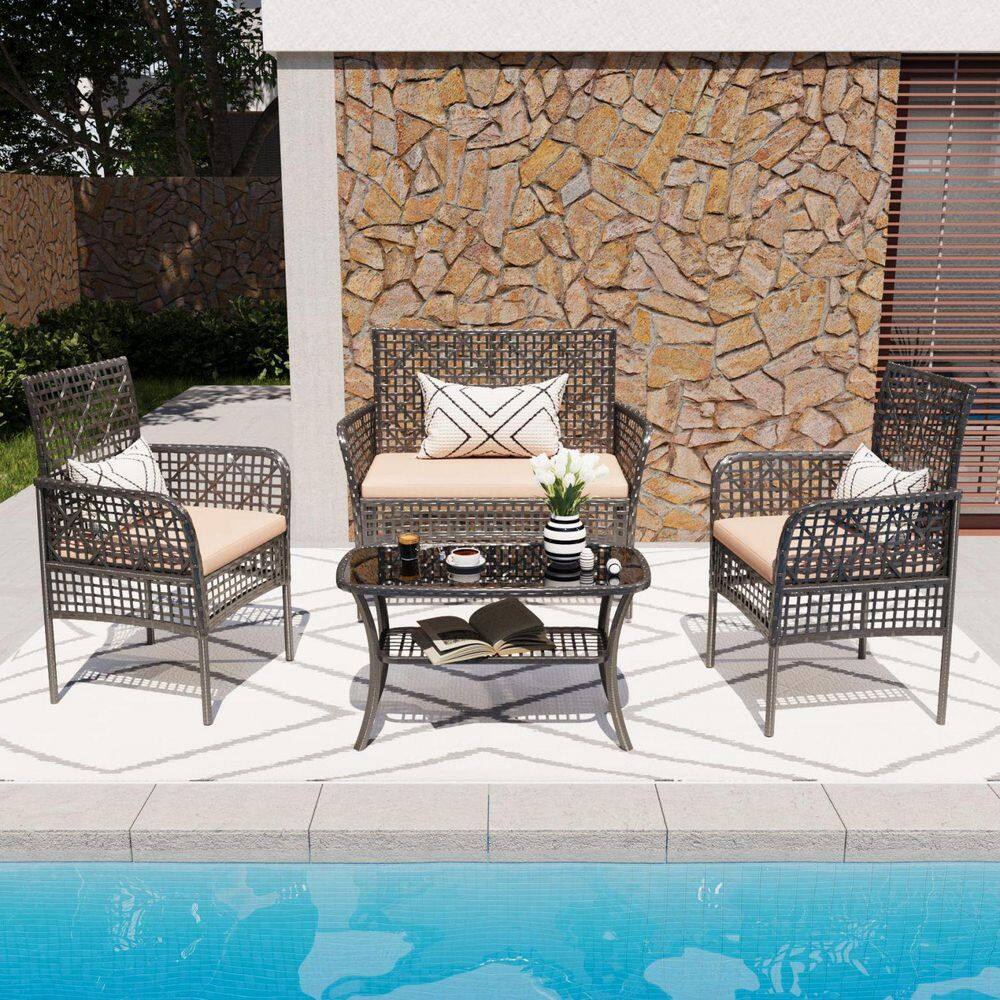 4-Piece Wicker Outdoor Bistro with Tempered Glass Table and 3-Chairs with Beige Cushions, Outdoor Seating for Porch price history on PriceWatchPro