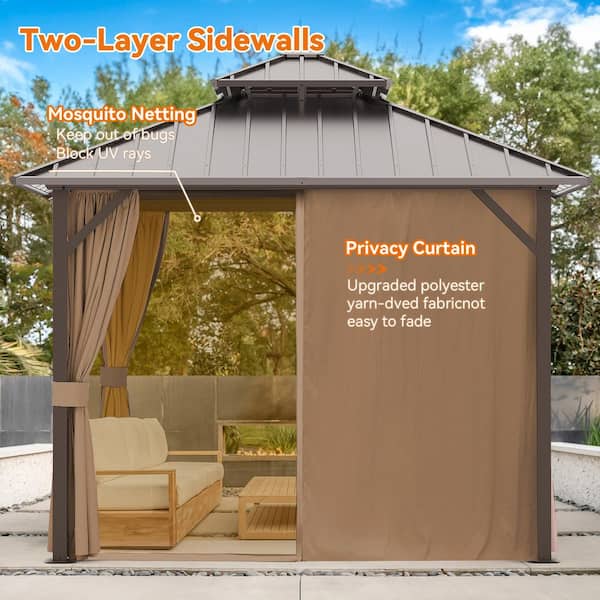 10 ft. x 10 ft. Aluminum Outdoor Double Galvanized Steel Roof Gazebo with Ceiling Hook, Mosquito Netting and Curtains