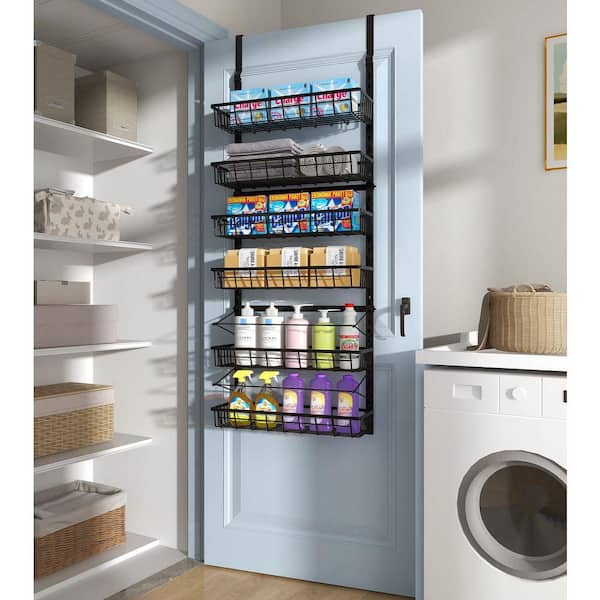 Over The Door Black Pantry Organizer, 6-Tier Adjustable Hanging Baskets, Metal Wall Mount Spice Rack Seasoning Shelves