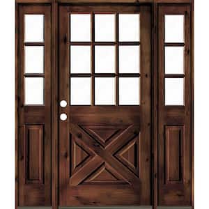 60 in. x 80 in. Alder 2 Panel Right-Hand/Inswing Clear Glass Red Mahogany Stain Wood Prehung Front Door w/Sidelites