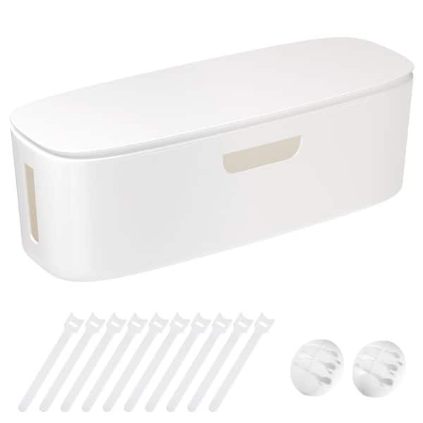 16 in. White Cable Management Box with Lid, Power Strip and Cord Organizer for Under-Desk, TV and Home Office