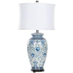 Paige 29 in. Antique Blue/White Ceramic Table Lamp with White Shade