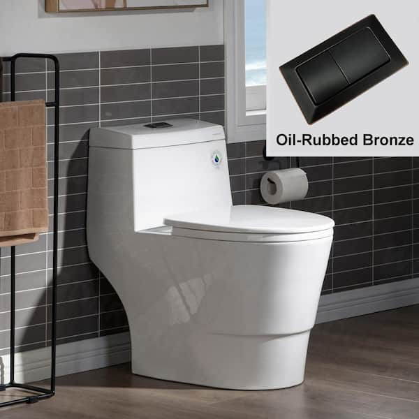 WOODBRIDGE Everette 1-piece 1.1 GPF / 1.6 GPF Dual Flush Elongated Toilet in White with Seat Included and Oil Rubbed Bronze Button