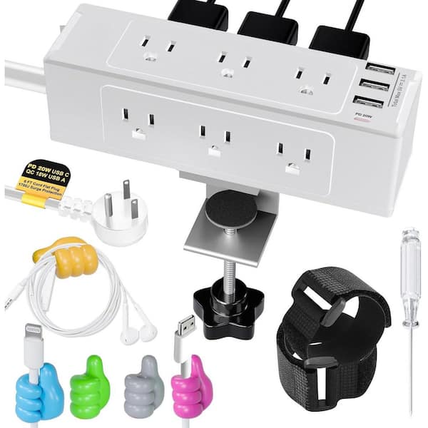 phyfalip 9-Outlet Desktop Clamp Power Strip Surge Protector with 4 USB Ports Desk Power Station w/ Cable Holders and Hooks White