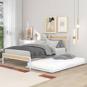 White Metal Frame Full Size Platform Bed with Trundle, Upholstered Headboard, Sockets, and USB Ports