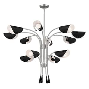 Arcus 46.25 in. 12-Light Satin Nickel and Black Modern Shaded Tiered Chandelier for Dining Room
