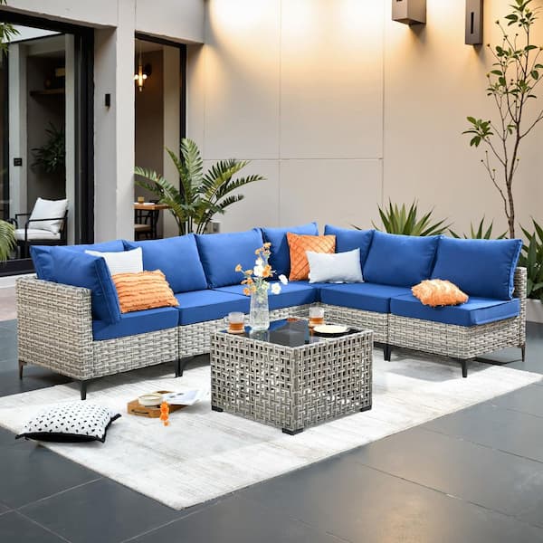 Coralia Gray 7-Piece Wicker Outdoor Sectional Set with Navy Blue Cushion & Lighted Coffee Table for Patio