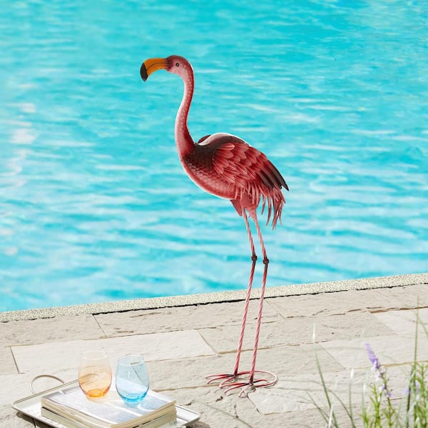 Glitzhome 38.5 in. H Metal Standing Flamingo Garden Statue with