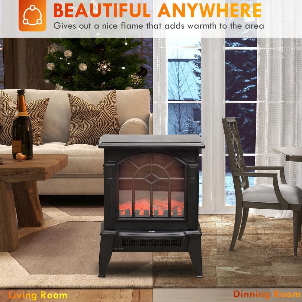 18" Black Electric Freestanding Fireplace Heater with Realistic Flame