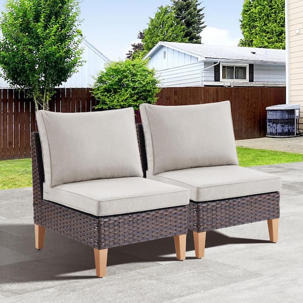 Gymojoy Chic Relax Brown Wicker Armless Outdoor Lounge Chair with CushionGuard Beige Cushions (2-Pack)