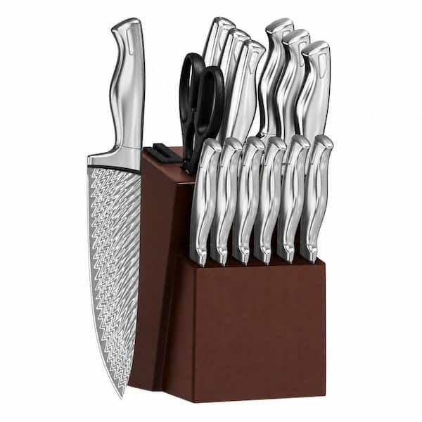15-Piece German High Carbon Stainless Steel Knife Set with Block, Built-in Knife Sharpener, Dishwasher Safe, Serrated
