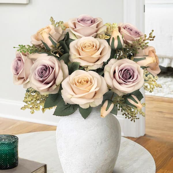 LIVING LUXURY 18 in. Ivory Lavender Artificial Rustic Rose Flower Stem Bush Bouquet (Set of 2)