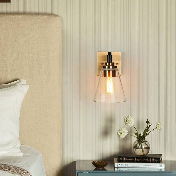 Fatime 1-Light Black Indoor Wall Sconce, Cone Clear Glass Modern Bathroom Vanity Light, Industrial Brass Gold Wall Light