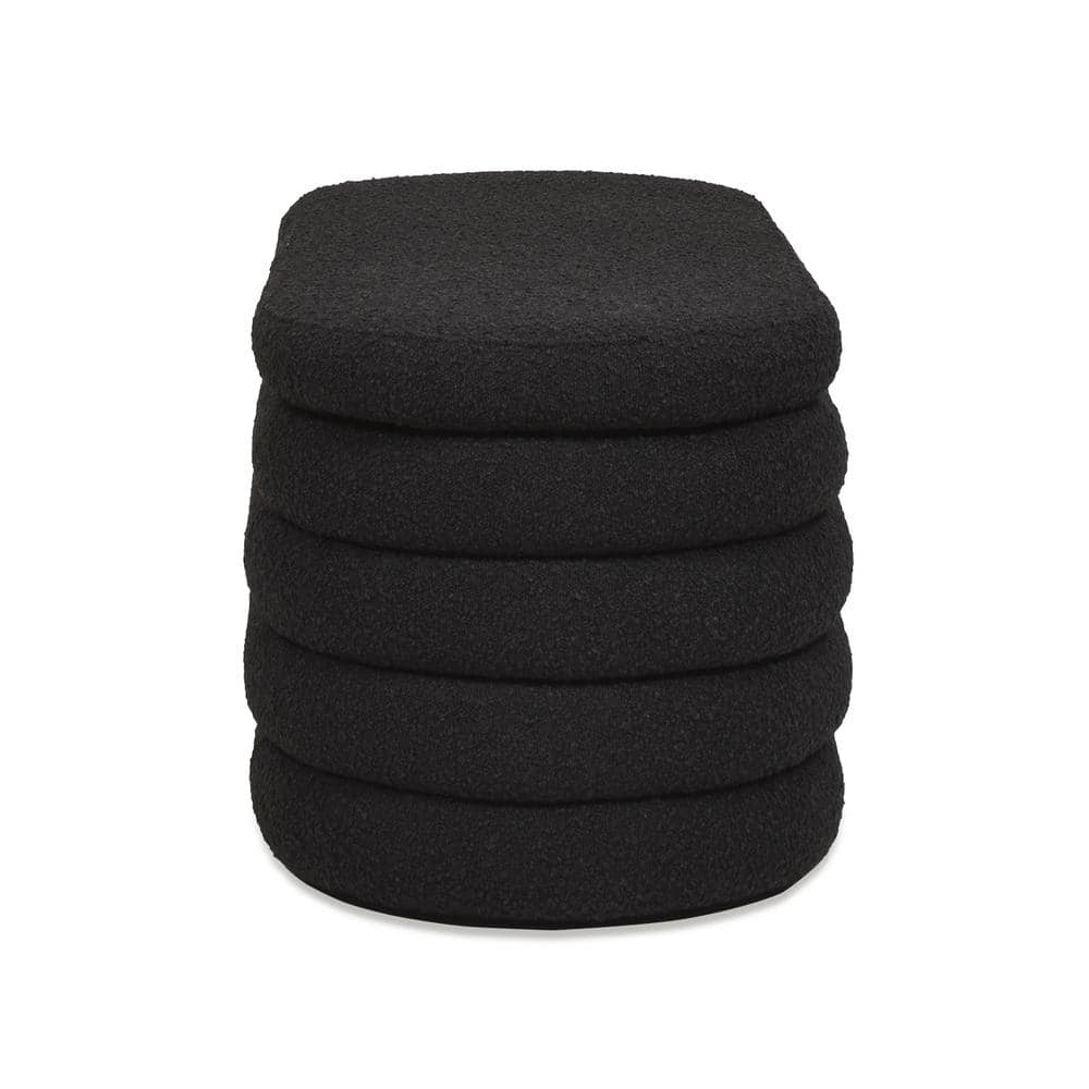 Ebony Black Boucle Upholstered Oval Storage Bench with Hinged Lid