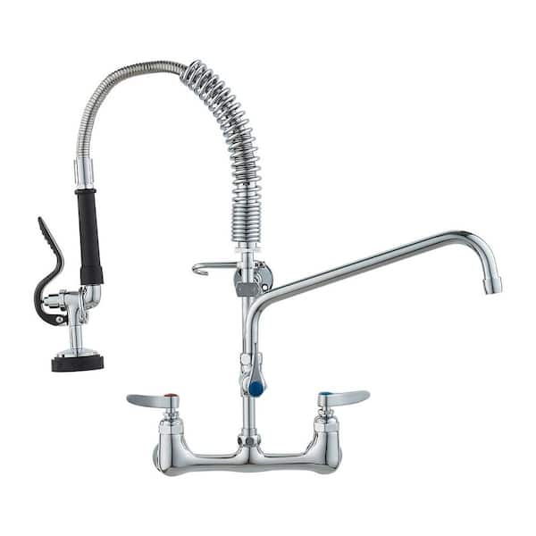Commercial Wall Mount Triple Handle Pull Down Sprayer Kitchen Faucet with Pre-Rinse Sprayer Stainless Steel in Silver