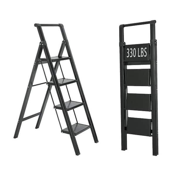 Black Solid Steel Construction Foldable Non-Slip 4.2 ft. Reach 4-Step Ladder for Home Office, Load-Bearing 330 lbs.