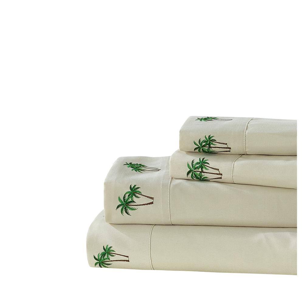 Queen Beige Embroidered Palm Tree Microfiber Sheet Set