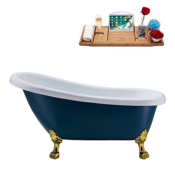 Streamline 61 in. Acrylic Clawfoot Non-Whirlpool Bathtub in Matte Light Blue With Brushed Gold Clawfeet And Polished Chrome Drain