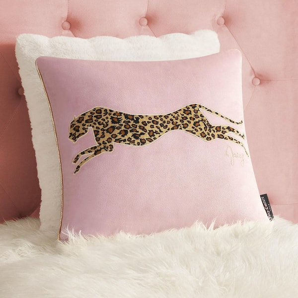 Velvet Cheetah Blush Animal Print Embroidered Polyester 18 in. x 18 in. Throw Pillow