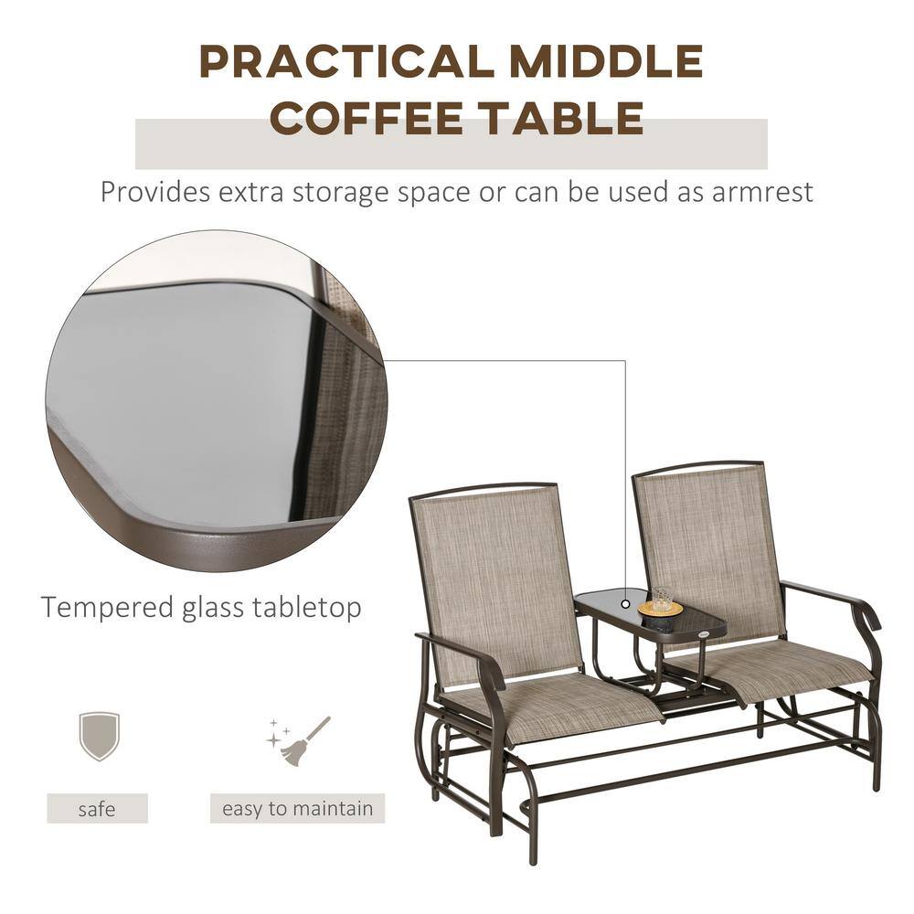 Brown Steel 2-Person Outdoor Glider Bench with Center Table