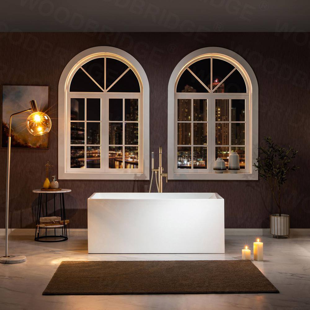 67" White Acrylic Freestanding Rectangular Bathtub with Brushed Gold Trim