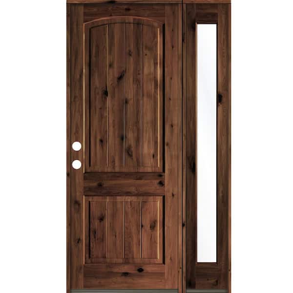 Krosswood Doors 44 in. x 96 in. Rustic knotty alder Right-Hand/Inswing Clear Glass Red Mahogany Stain Wood Prehung Front Door with RFSL