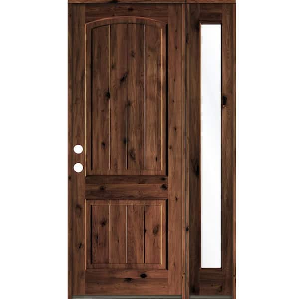 Krosswood Doors 56 in. x 96 in. Rustic knotty alder Right-Hand/Inswing Clear Glass Red Mahogany Stain Wood Prehung Front Door with RFSL