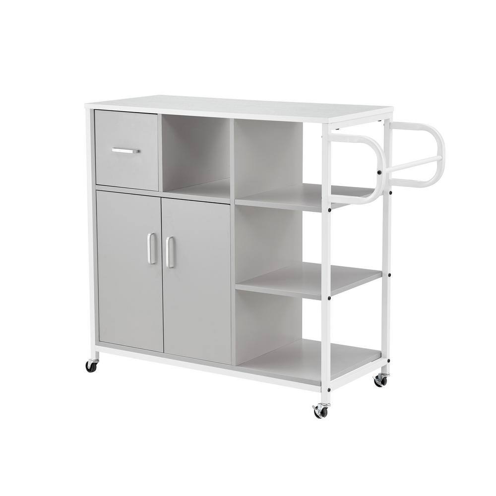 Gray Solid Wood Top 35.43 in. W Kitchen Island on 4Wheels with Open Shelves VJ0324KIsland40