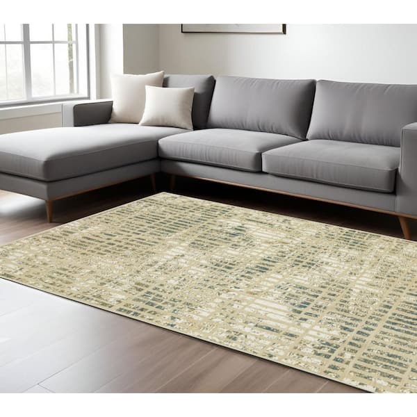 7' X 10' Beige And Blue Geometric Area Rug