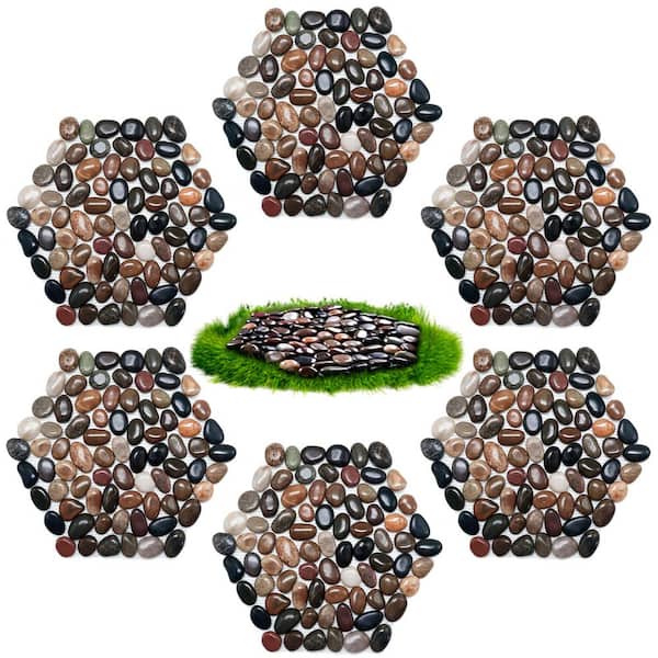 11.73 in. x 10.51 in. x 3.11 in. Hexagon Brown Polished Pebble Decorative River Rock Set Stepping Stone 6-Pieces