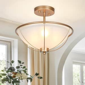 Morwenna Modern Farmhouse 13 in. 3-light Dark Gold Ceiling Light with Frosted Glass Shade, Bowl Semi-Flush Mount Light