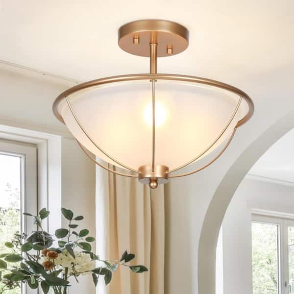 Zevni Morwenna Modern Farmhouse 13 in. 3-light Dark Gold Ceiling Light with Frosted Glass Shade, Bowl Semi-Flush Mount Light