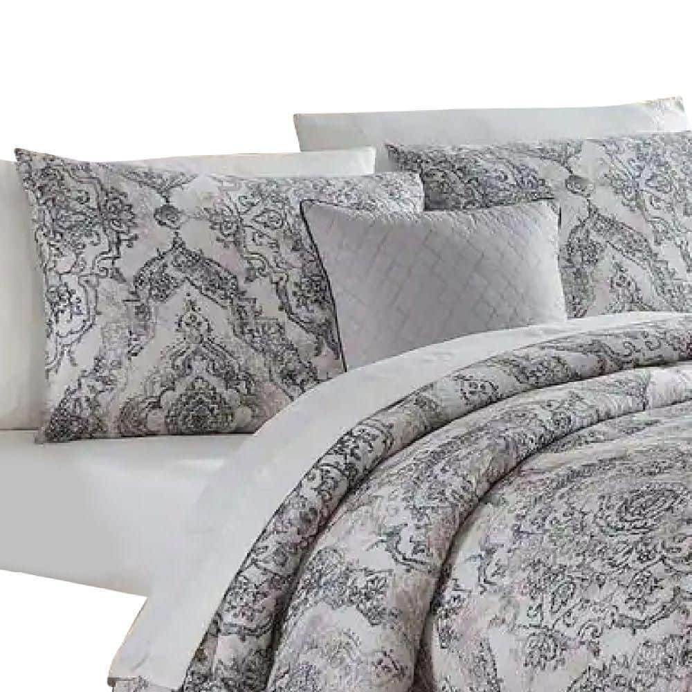 Benjara Lance 8- Piece White and Gray Damask Print Microfiber Queen Bed Comforter Set Benjara Lance 8- Piece White and Gray Damask Print Microfiber Queen Bed Comforter Set - 2