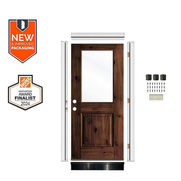 Krosswood Doors DIY 32in.x80in. Right-Handed Clear Glass Window Mahogany Stain Knotty Alder Wood Front Door Kit w/ Quick Assemble Jamb