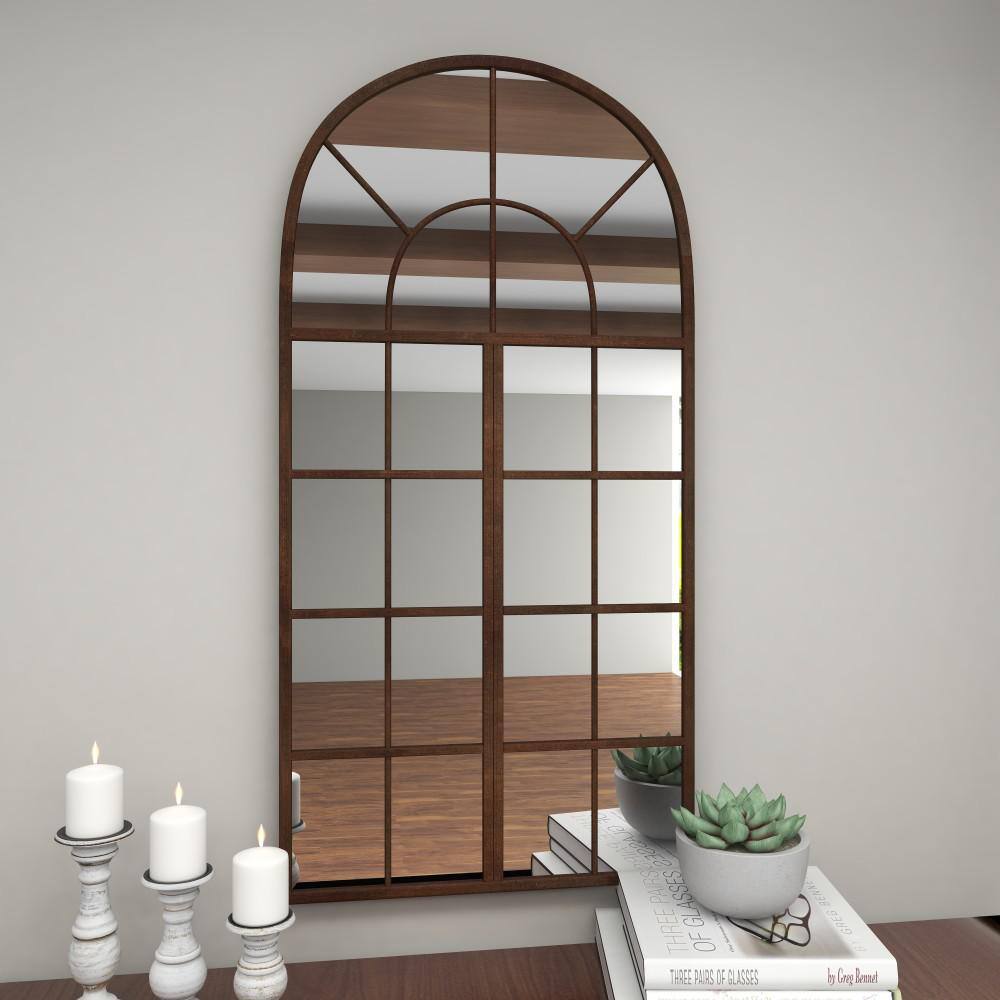 Espresso Brown Arched Windowpane Wall Mirror 24" x 48"