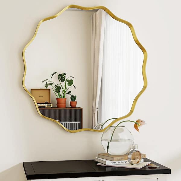 XRAMFY Gold 30.1 in. W x 30.1 in. H Round Wall Vanity Mirror Wavy Deep Metal Framed Mirror