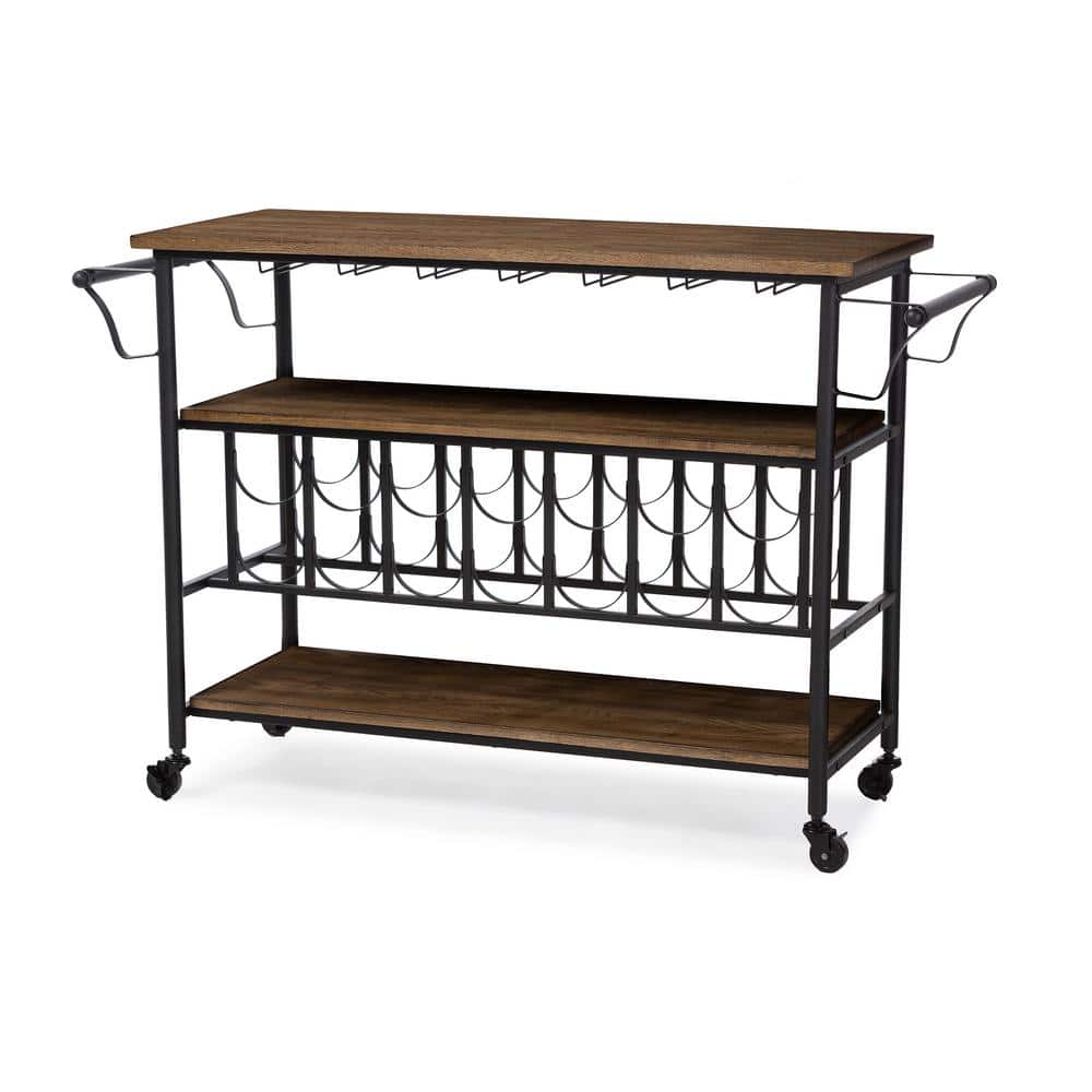 Antique Black & Weathered Oak Mobile Bar Cart with Wine Rack and Storage