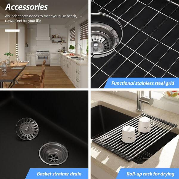 LORDEAR 33 in.Matte Black Quartz Composite Double Bowl 50/50