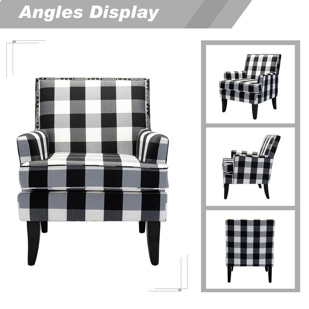 Classic Black Buffalo Plaid Armchair with Nailhead Trim