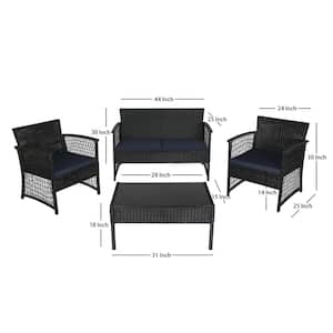 Highland Black 4-Piece Woven Rattan Wicker Patio Conversation Seating Set with Navy Cushions