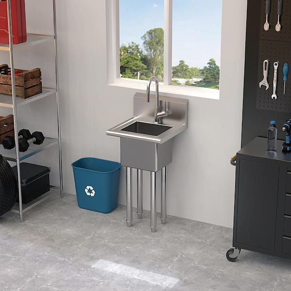 18 in. W x 18 in. D Freestanding Stainless Steel 1-Compartment Commercial Laundry/Utility Sink with Faucet and Drain