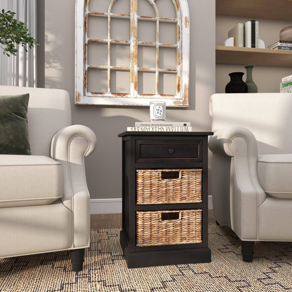 Black Pinewood Accent Table with Wicker Basket Drawers