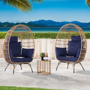 3-Piece Wicker Round Side Table Outdoor Bistro Set Wicker Egg Chair with Navy Blue Cushion