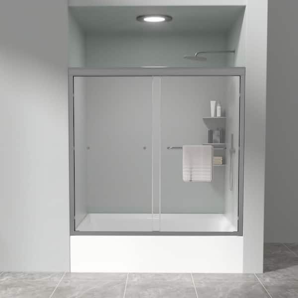 Double Sliding Bathtub Shower Door 56-60" W x 58" H Semi-Frameless in Black with 1/4 in. (6mm) Clear SGCC Tempered Glass