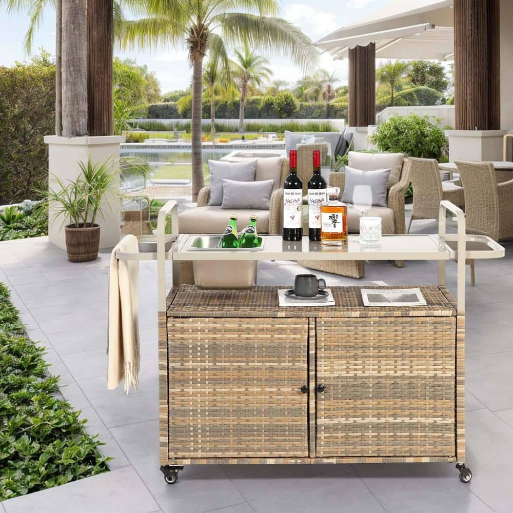Steel Outdoor Bar Table, Outdoor Kitchen Wicker Island Rolling Cart and Pat