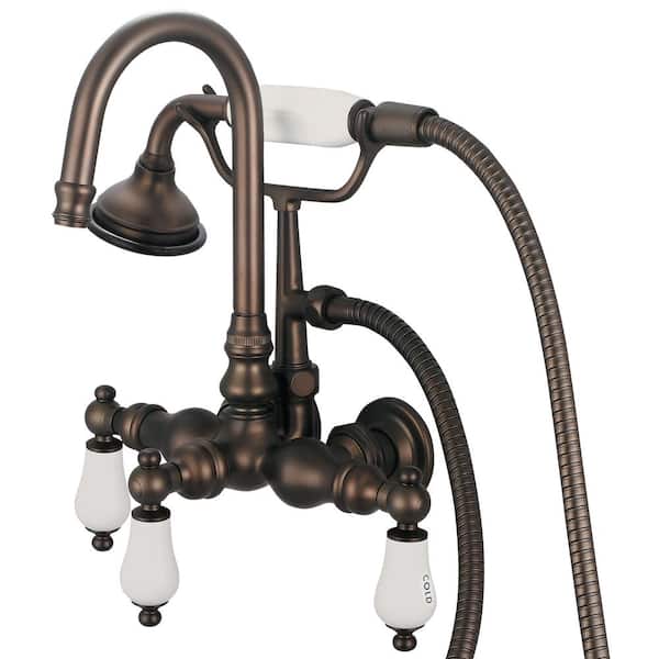 Water Creation 3-Handle Claw Foot Tub Faucet with Labeled Porcelain Lever Handles and Handshower in Oil Rubbed Bronze